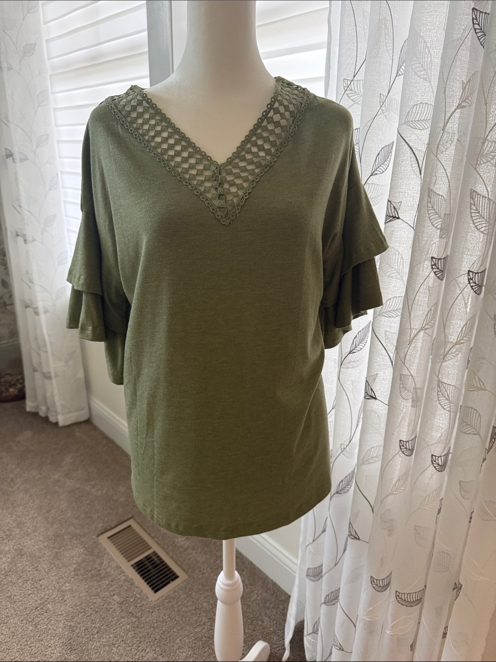 Women's Olive Green V-Neck Crochet Trim Ruffle Sleeve Top